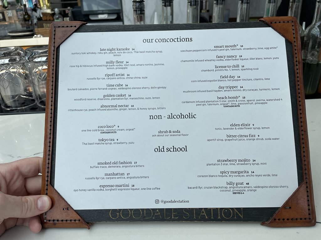 Drink menu at Goodale Station