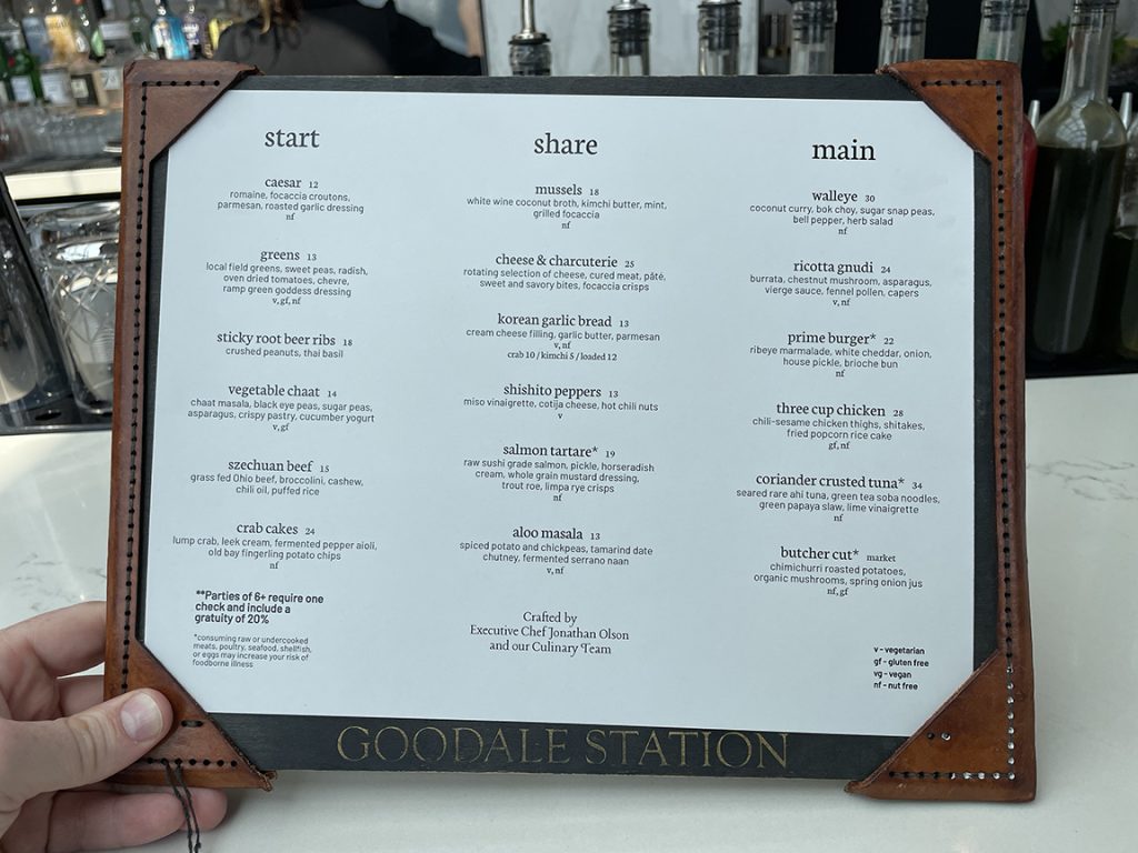 Dinner menu at Goodale Station in Columbus