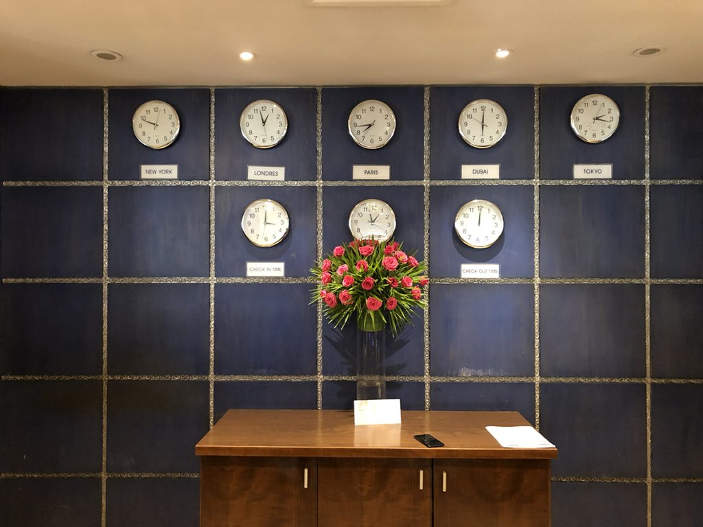 Clocks behind the front desk at the Le Meridien in Marrakech