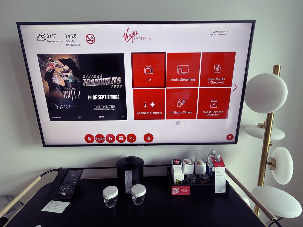 TV and room controls at Virgin Hotels Las Vegas