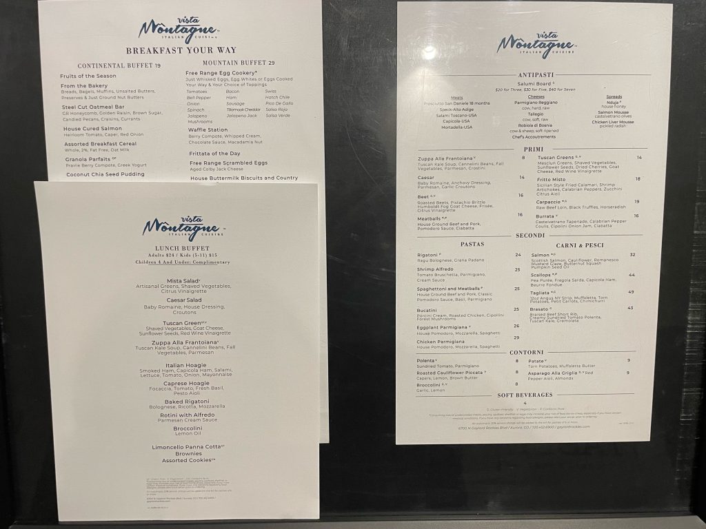 Menus for breakfast, lunch, and dinner at Vista Montagne