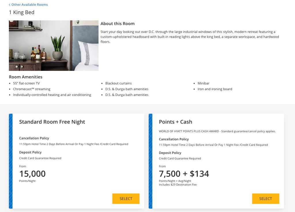 Screenshot showing standard room rate at Thompson Washington DC