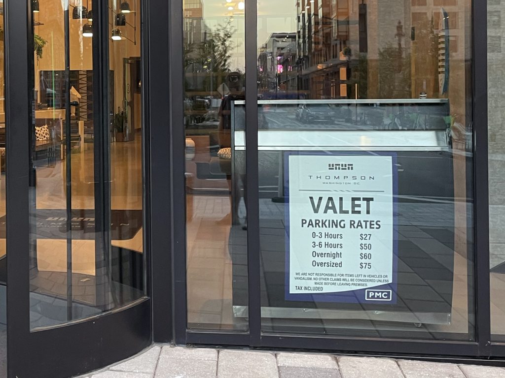 Valet parking rates at Thompson Hyatt DC