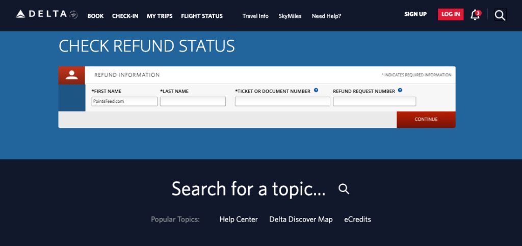 Example Refund Status Form at Delta.com