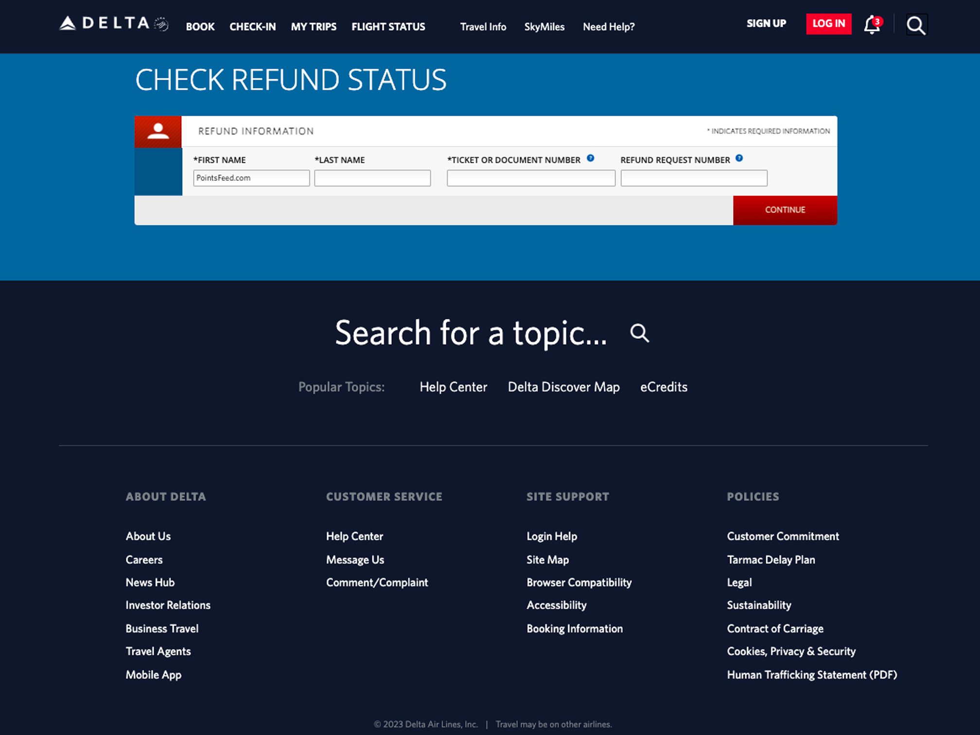 Screenshot of Delta refund status form