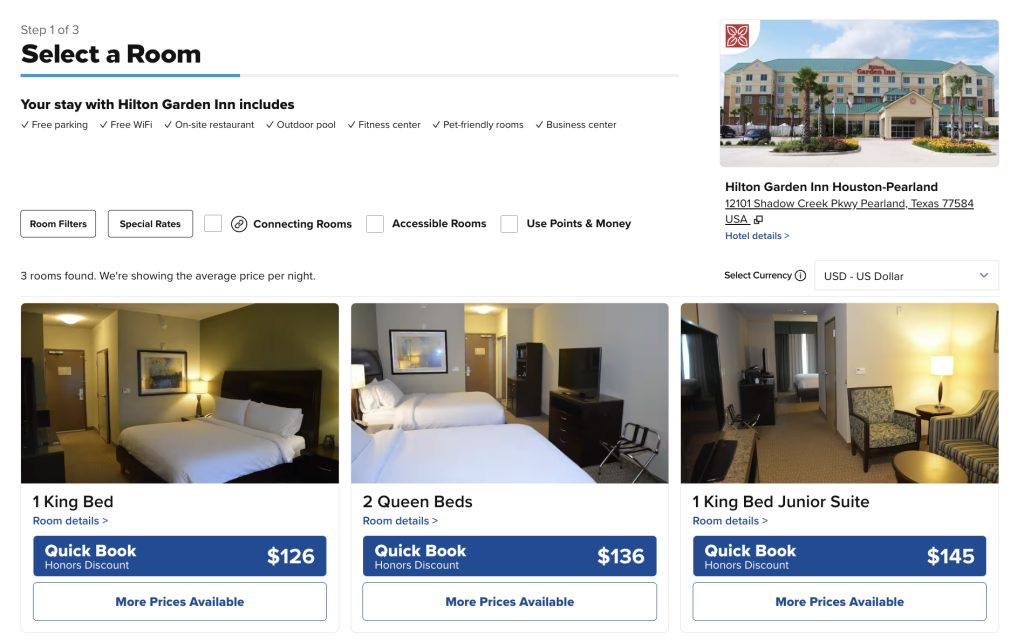 Screenshot of room rates for Hilton Garden Inn Pearland