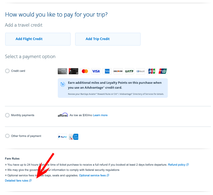 How to view detailed fare rules on AA's website