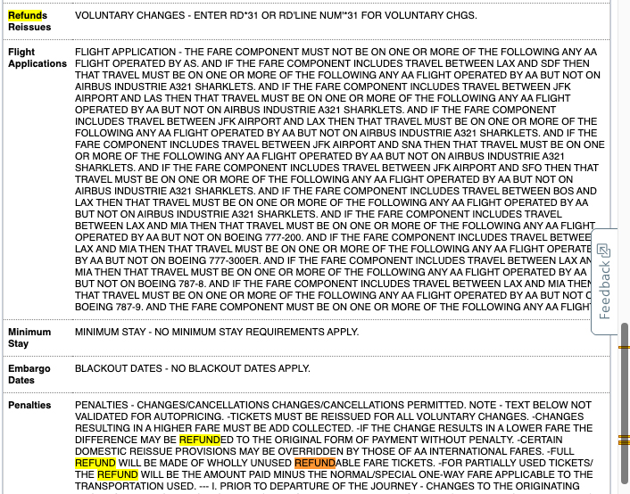 Detailed fare rules of an AA ticket showing refund and change options