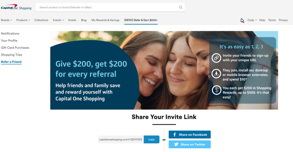 Screenshot of my Capital One Shopping referral link