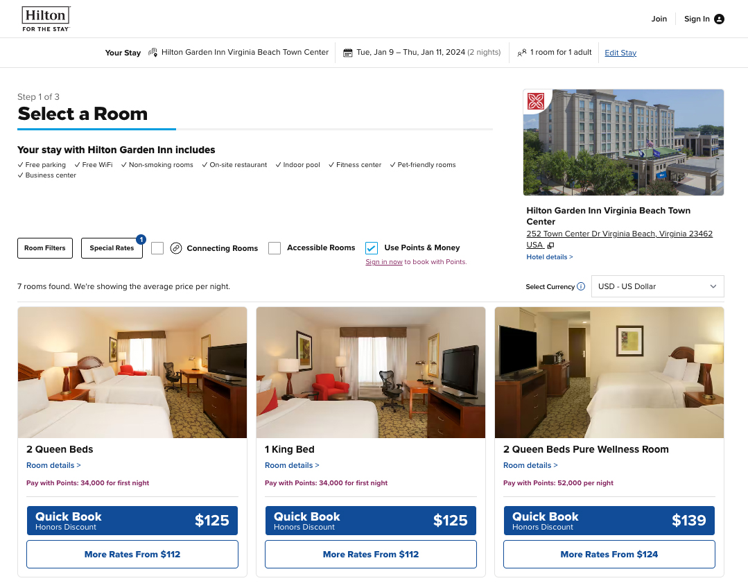 Screenshot showing cash and points pricing for Hilton Garden Inn Virginia Beach Town Center