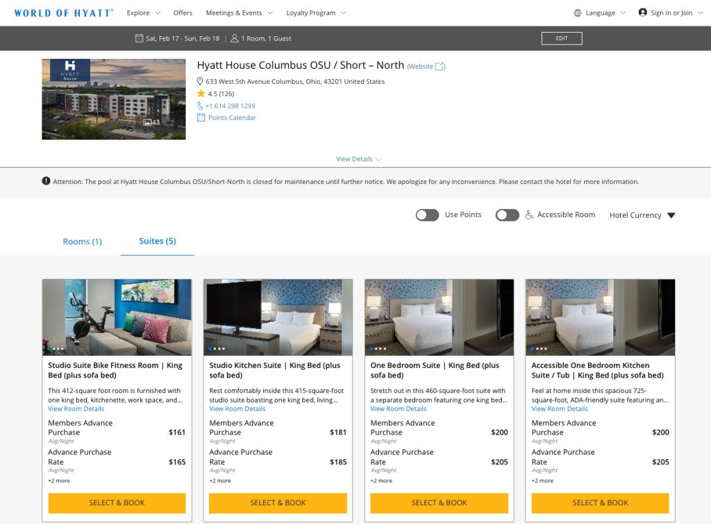 Screenshot showing various prices for a room at Hyatt House Columbus