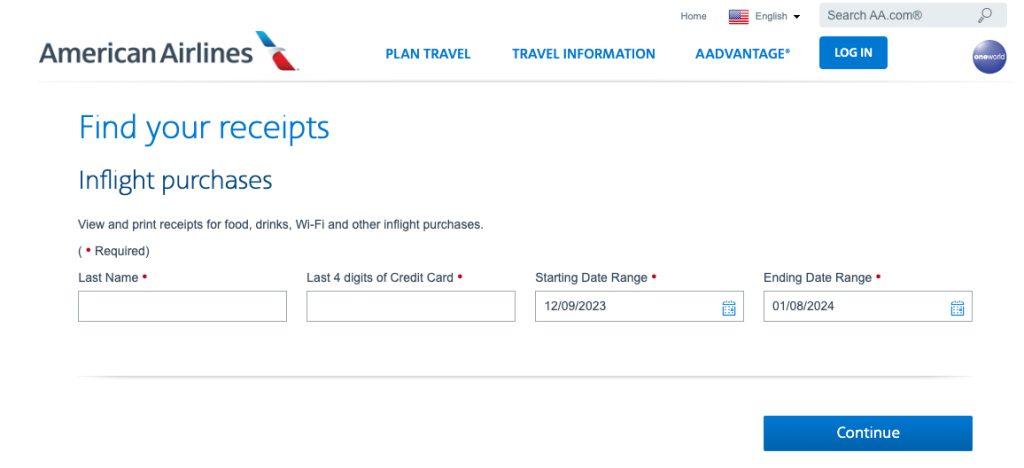 How to find AA receipts using their lookup tool