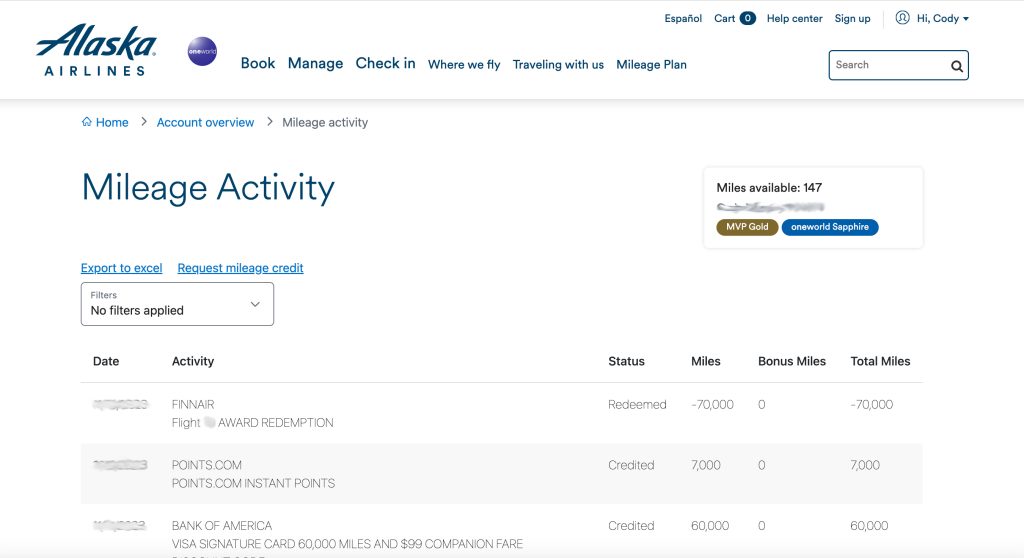 Screenshot showing Points.com purchase in Alaska Airlines account