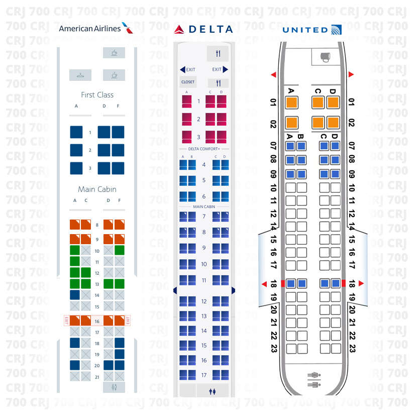 CRJ 700 seat map comparison between American Airlines, Delta, and United