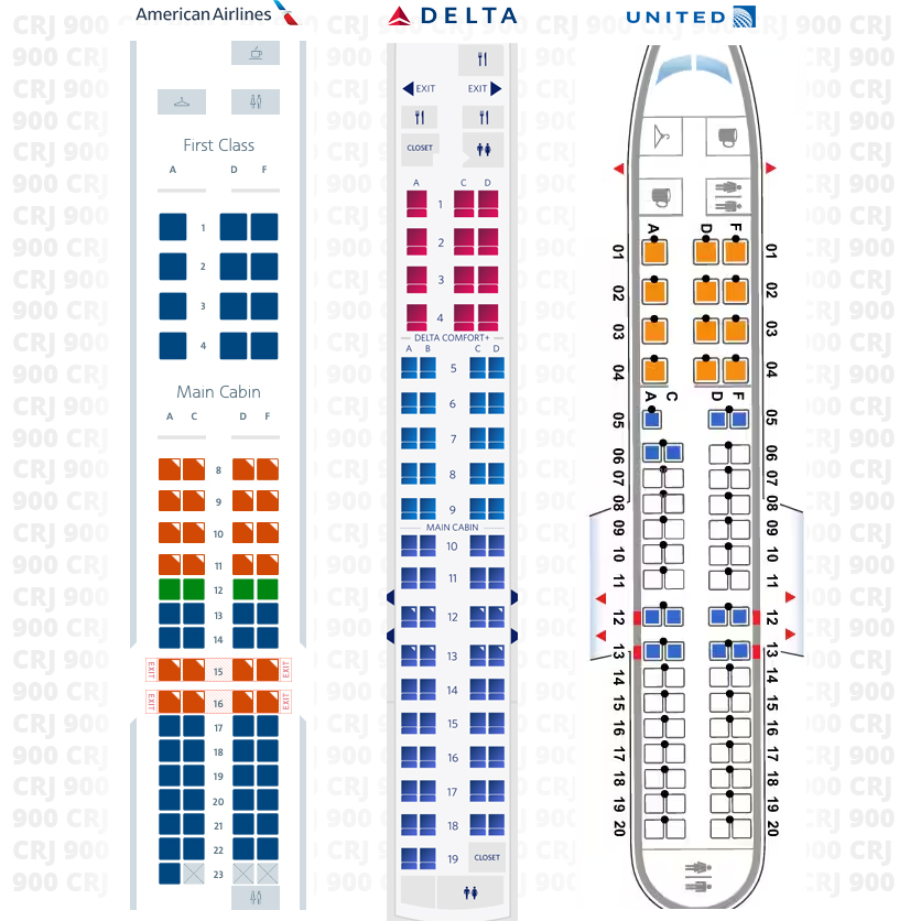CRJ 900 seat maps for American, Delta, and United