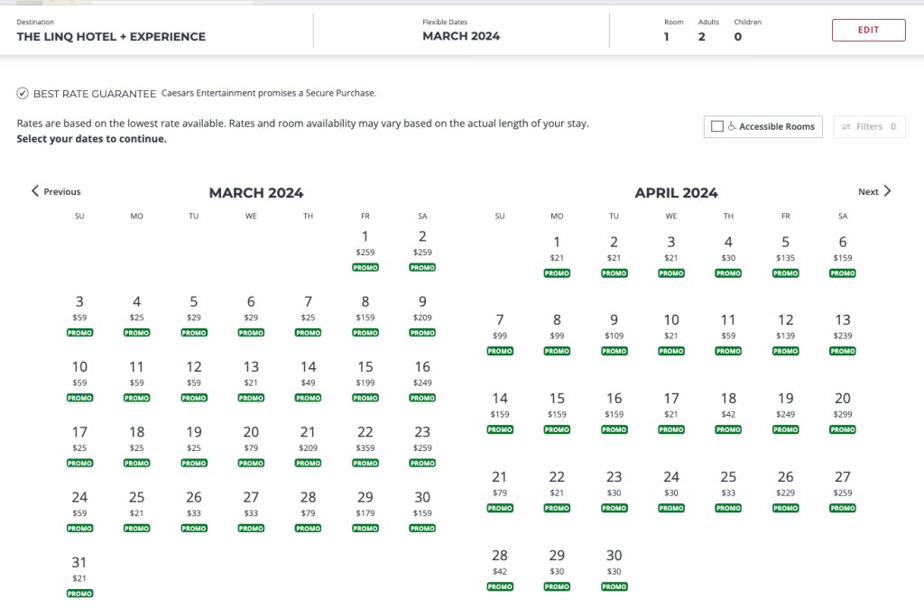 Rate calendar for The LINQ hotel Las Vegas