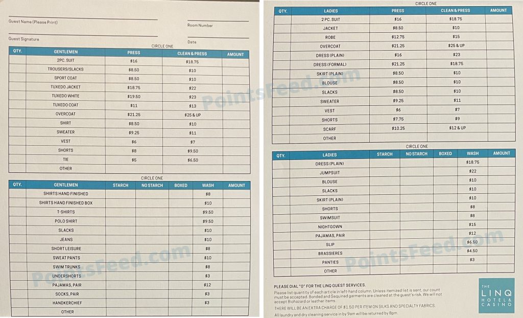 Prices for laundry at The LINQ hotel in Las Vegas