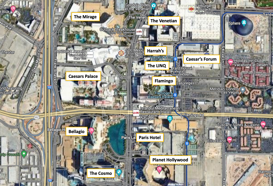 Map showing The LINQ on the Las Vegas Strip, next to Caesars Forum
