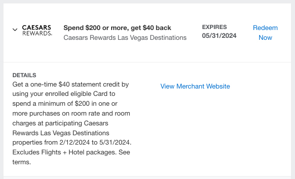 Amex offer for Caesars hotels in Las Vegas