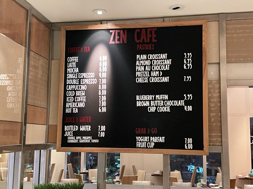 Zen Cafe menu at Waldorf Astoria in Las Vegas