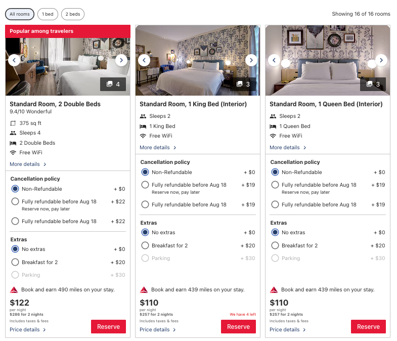 Room types at a Delta Stays hotel