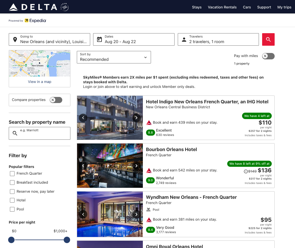 Example hotels via Delta Stays