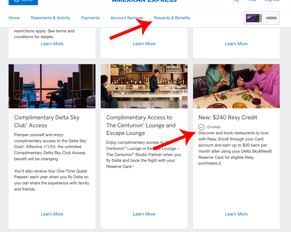 Screenshot showing how to enroll in the Delta Amex Resy Credit