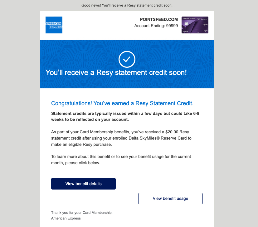 Confirmation email showing Resy credit