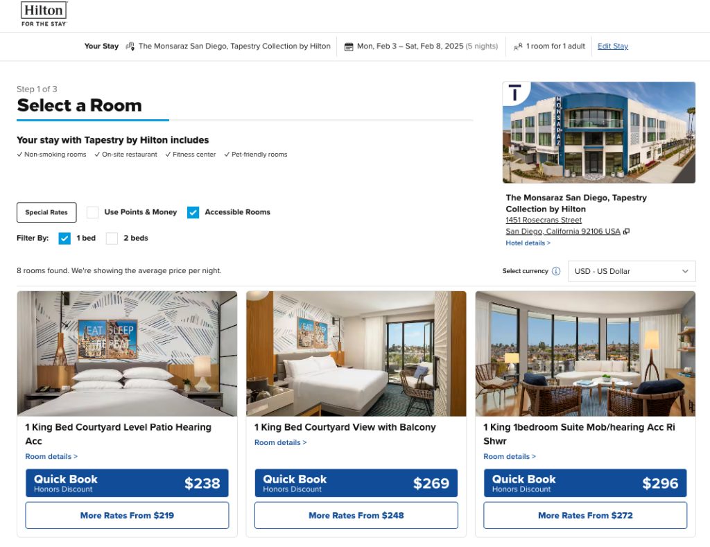 Screenshot showing rates at The Monsaraz San Diego